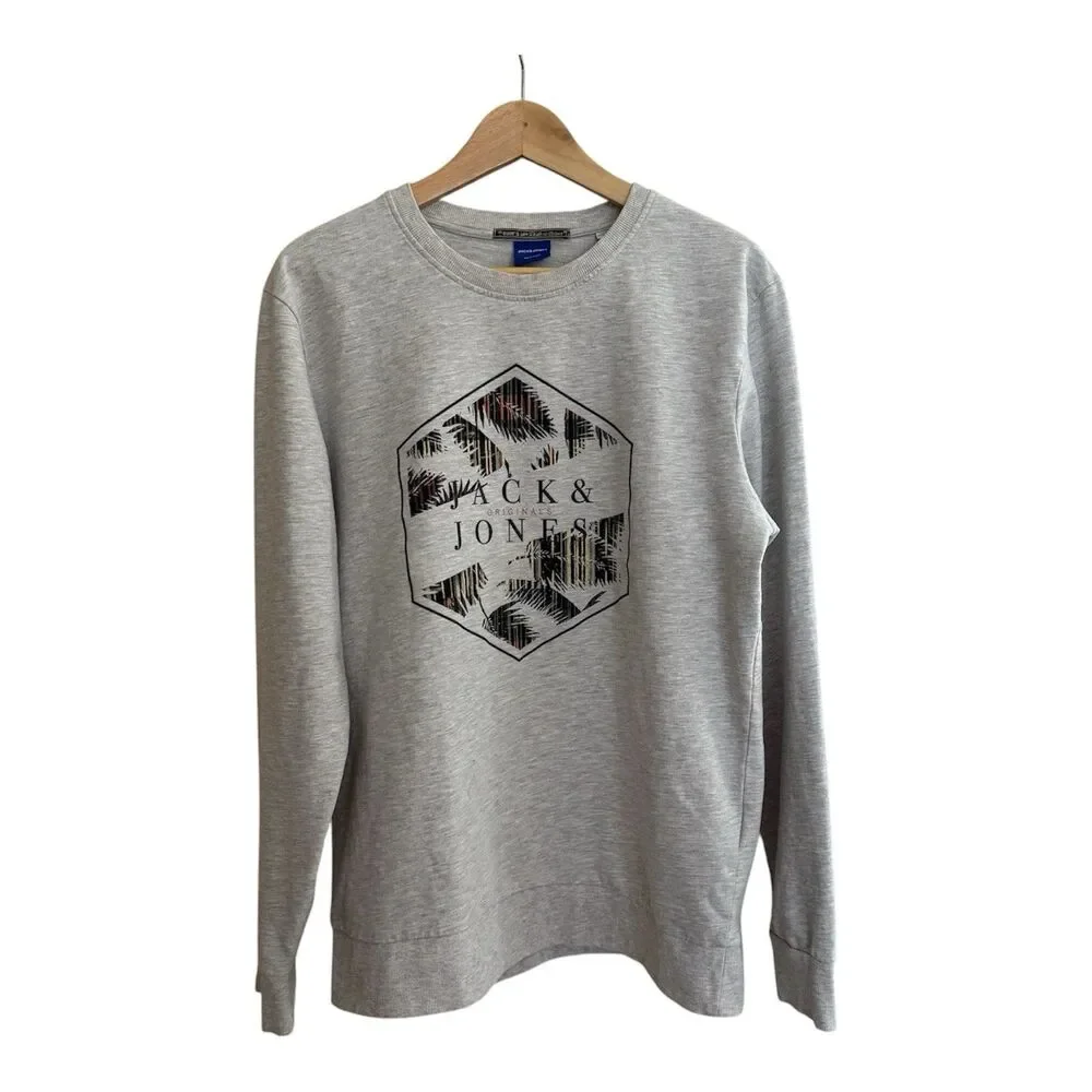 Jack & Jones Graphic Sweatshirt Mens‎ Large Gray Long Sleeve Crew Neck Pullover